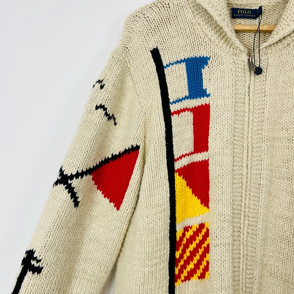 Polo Ralph Lauren Cream Boating Nautical Chunky Knit Zipped Cardigan UK L - Picture 10 of 15